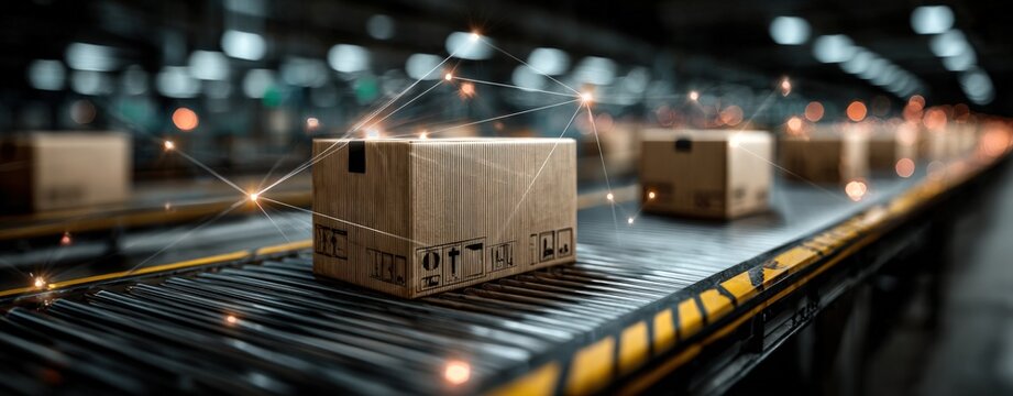 Cardboard boxes on a conveyor belt in a warehouse, with digital connection lines overlayed