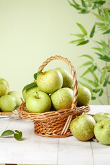 Fresh Green Apples in Wicker Basket - Healthy Organic Fruit Harvest