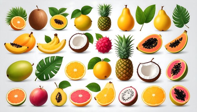 Collection of realistic fruit slices and whole fruits