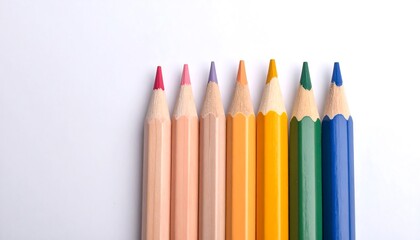 A row of colorful colored pencils arranged neatly against a plain white background.