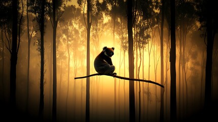 A solitary, koala-like creature silhouetted against the breathtaking golden light of a tranquil forest's mystical twilight, embodying peace