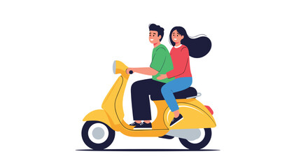 Happy couple riding a yellow scooter on a sunny day adventure