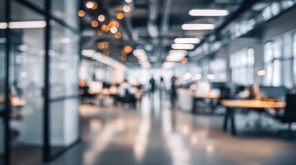 Fototapeta premium Abstract blurred interior modern office space with business people working banner background with copy space. High quality