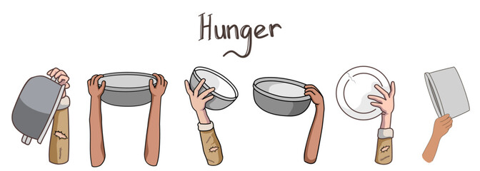 Starving people hands holding empty bowls and plates need humanitarian aid. Hands of hungry people queuing for food. Hunger day vector illustration