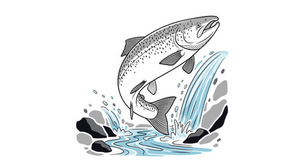 Atlantic salmon leaping upstream through rocky rapids