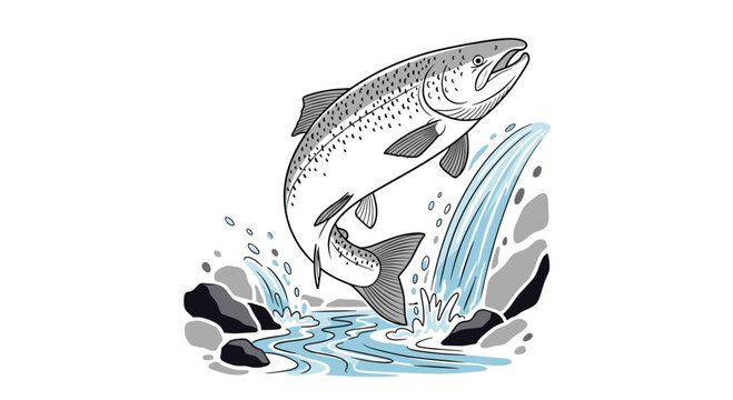 Atlantic salmon leaping upstream through rocky rapids