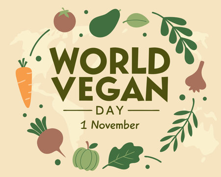 World Vegan Day Illustration with Vegetables and Plants on a Background Map of the World