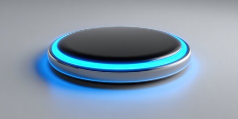 A glossy, circular, futuristic device with a luminous blue ring on a smooth grey surface