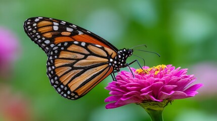 Fototapeta premium A colorful butterfly is resting peacefully on a flower that is vibrant pink