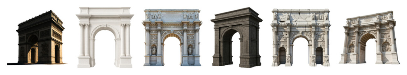 Fototapeta premium Triumphal arch set including ornate, simple, stone, marble, weathered, and cracked designs isolated. Historical and architectural elements.