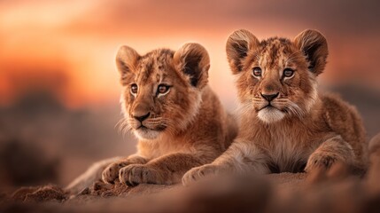 In the savanna, two young lions are resting at sunset
