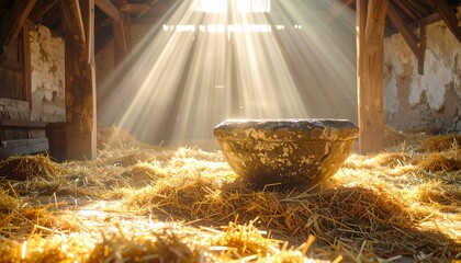 Sunlight streams over rustic manger, highlighting golden straw and ancient stone walls in a peaceful, historic stable interior with warm morning light.