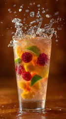 Refreshing fruit cocktail splash with lime, raspberry, and mango in glass