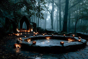 Eerie Halloween Forest with Illuminated Pumpkins and Ancient Stone Circle
