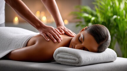 Obraz premium Relaxing spa massage session featuring a woman receiving a soothing wellness treatment, surrounded by calming ambiance with soft lighting and lush greenery for ultimate relaxation experience