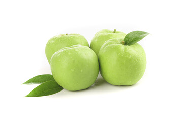 Fresh Green Shaanxi Apples with Water Droplets and Leaves on White Background