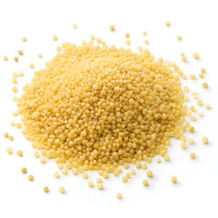 Couscous grains isolated on a white background, highlighting their fine texture, light color, and versatility in healthy