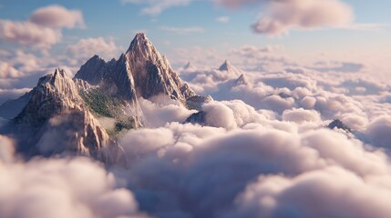 Fototapeta premium The scenery features a stunning mountain vista under a clear blue sky with big, fluffy clouds drifting lazily by