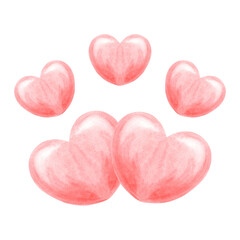 Pink hearts watercolor illustration for kids theme. Hand drawn isolated festive element for Valentines and Romantic designs. Decorative symbol of love for invitations, wedding card, moterhs day, date.
