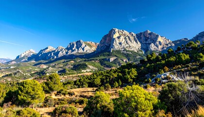 A picturesque vista of a mountain range with lush valleys and vibrant greenery under a clear, sunny sky.