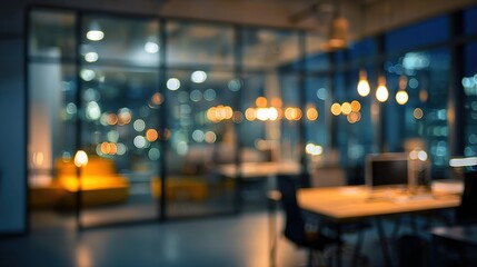Abstract blurred image of an office interior at night showcasing a blurry working space with a defocused effect. High quality