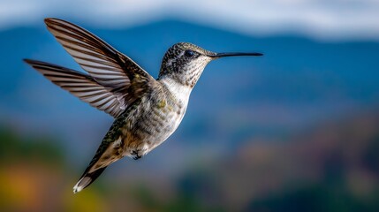 Fototapeta premium The vibrant natural scenery provides a stunning backdrop for a hummingbird's graceful flight