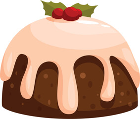 Delicious christmas pudding dessert with holly and berries, covered in icing for the holidays