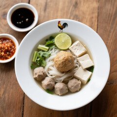 Indonesian Bakso served with rice noodles, sambal, and tofu condiments