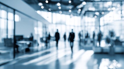 Abstract blurred interior modern office space with business people working banner background with copy space. High quality