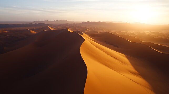 Tranquil desert scene at golden hour, showcasing endless sculpted sand dunes under a radiant sky - Powered by Adobe