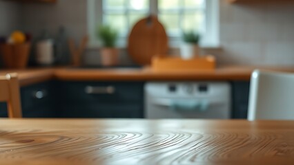 A wooden table with subtle grain texture, softly lit by kitchen window light creating a gentle bokeh effect.