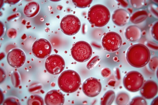 a microscopic view of pale hypochromic red blood cells, symbolic anemia cause of reduced oxygen, realistic cellular imagery, impact on cardiac and brain function depiction.