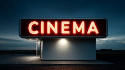 Bright cinema sign illuminates the evening sky in a quiet rural location