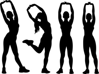 Black silhouette women fitness stretching yoga poses workout exercise training female
