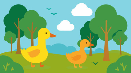 Two ducks in a park with trees and clouds