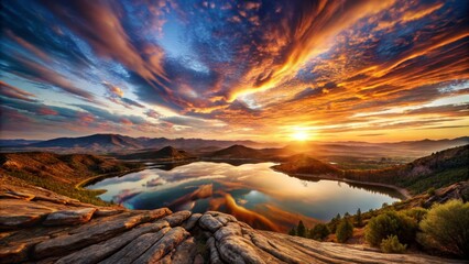 Naklejka premium Dramatic Sunset Over Mountain Lake