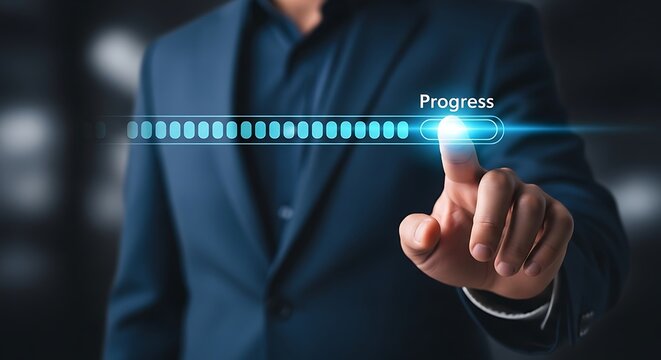 Businessman touching a progress bar on a futuristic interface, symbolizing advancement and development in technology and business