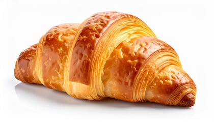 Golden-brown croissant with flaky layers and crisp texture, placed on a plain white background highlighting its buttery, airy appearance.