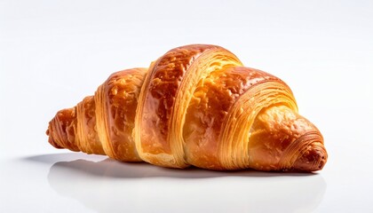 Golden-brown croissant with flaky layers and crisp texture, placed on a plain white background highlighting its buttery, airy appearance.