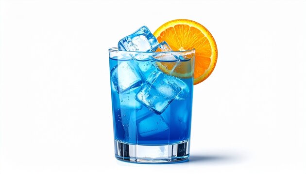 Clear glass filled with vibrant blue beverage and ice cubes, garnished with an orange slice on the rim, placed on a reflective surface with scattered ice and dramatic lighting.