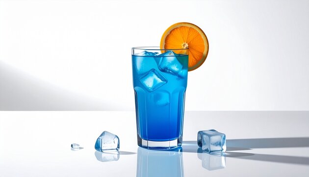 Clear glass filled with vibrant blue beverage and ice cubes, garnished with an orange slice on the rim, placed on a reflective surface with scattered ice and dramatic lighting.