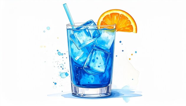 Clear glass filled with vibrant blue beverage and ice cubes, garnished with an orange slice on the rim, placed on a reflective surface with scattered ice and dramatic lighting.
