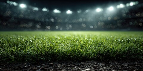 Close-up view of green stadium grass with blurred crowd and lights in the background