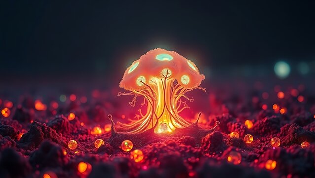 A glowing malignant growth being starved of its vibrant nutrient streams on a dark field.