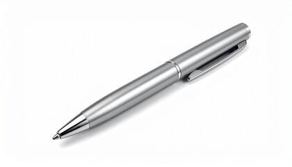 Metallic ballpoint pen with clip and extended tip, placed diagonally on a white background with subtle shadow, showcasing sleek and professional design.