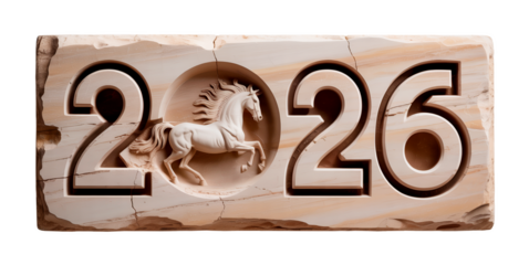 Wooden carved 2026 sign with horse relief, rustic zodiac and New Year decoration concept.