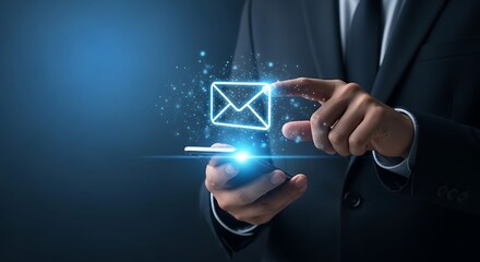 Closeup of a businessmans hands using a smartphone with a glowing digital envelope icon, representing email communication and digital messaging