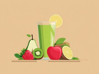 Delicious homemade green detox smoothie in a glass surrounded by fresh ingredients like apple, pear, kiwi, and strawberry