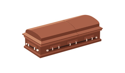 Wooden coffin. Closed casket, wood mourning box, burial case for funeral ceremony. Christian ritual funereal tomb container for dead. Flat vector illustration isolated on white background