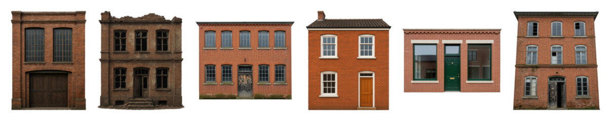 Fototapeta premium Brick building facade set including various architectural styles, ages, and conditions isolated. Urban and historic construction elements.